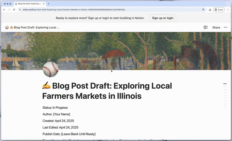 Demo of NoPic web app converting a Notion page into multiple images